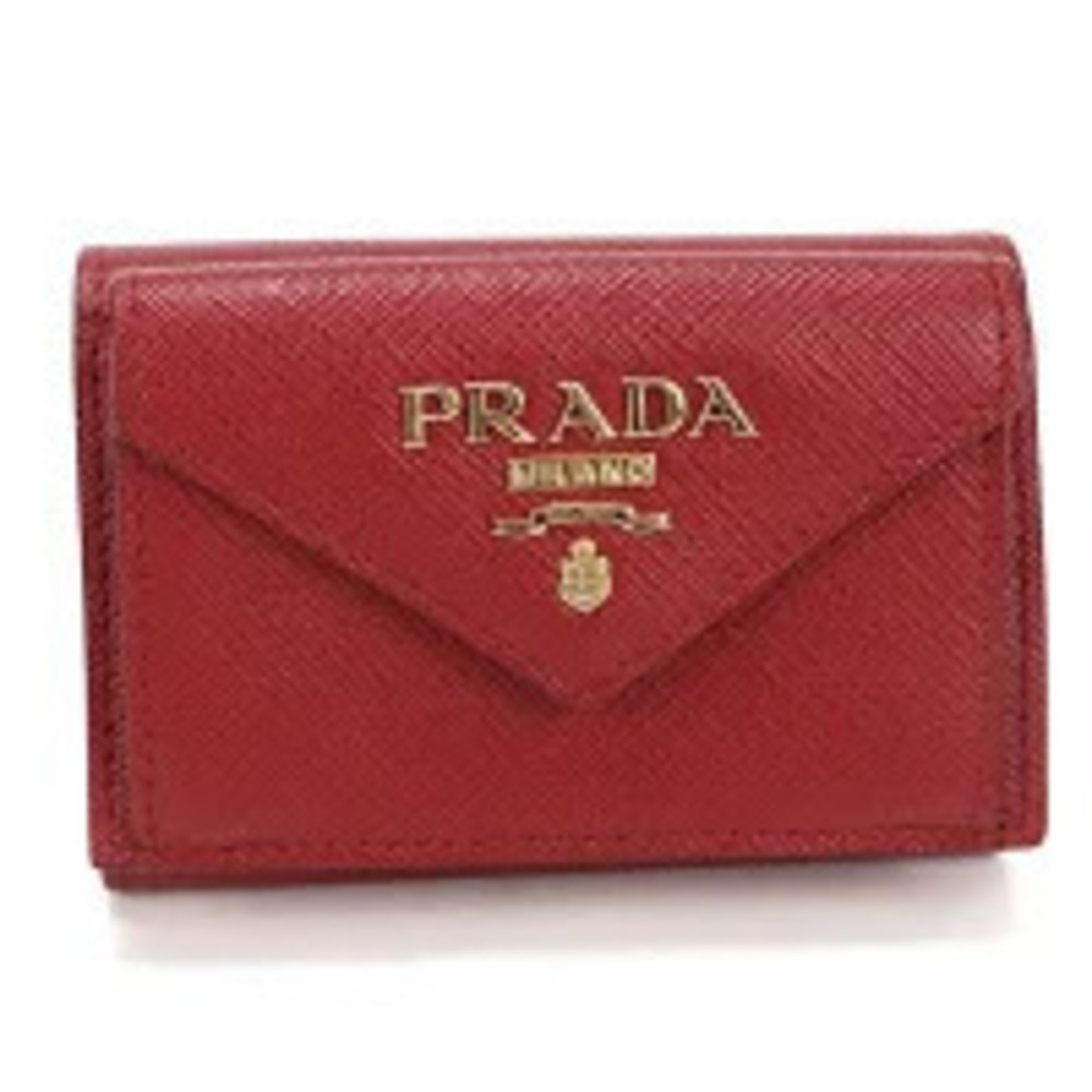 Prada Tri fold Wallet Compact Saffiano Leather Red